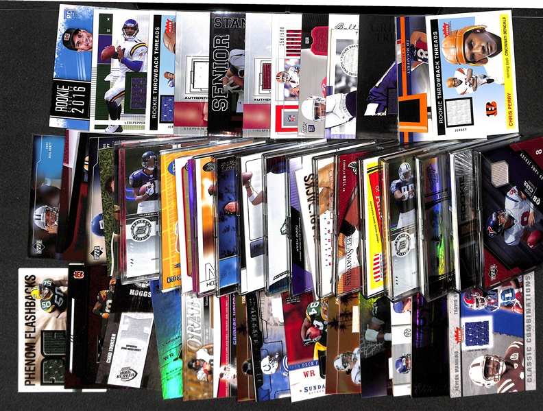 Lot of 50 Certified Football Relic Cards (Mostly Game-Worn Jersey Cards) w/ P. Manning, Brees, Urlacher, T. Brown, ...